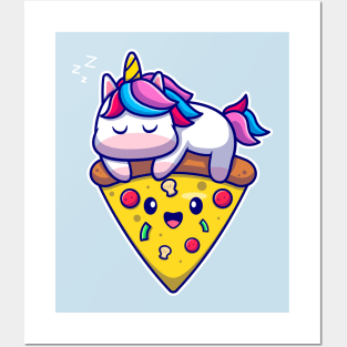 Cute Unicorn Sleeping On Pizza Cartoon Posters and Art